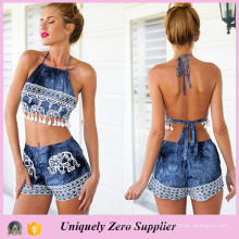 2016 Nuevo Diseño Tie-Dye Imprimir Halter Sexy Denim Shorts and Tops